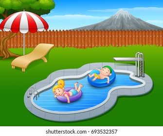 Vector illustration of Kids floating on inflatable ring in the pool