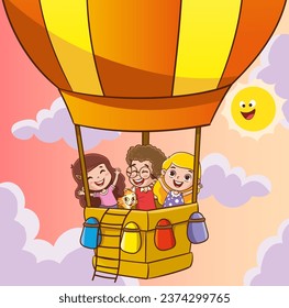 vector illustration of kids flying with air balloon