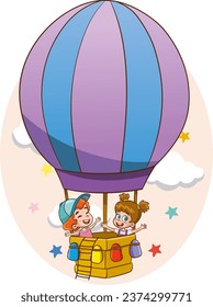 vector illustration of kids flying with air balloon