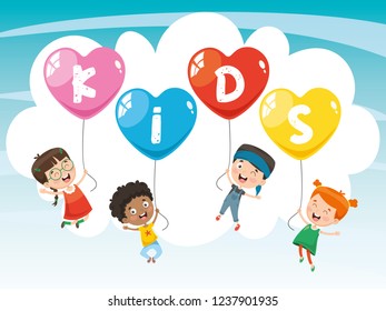 Vector Illustration Of Kids Flying With Balloons