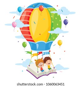 Vector Illustration Of Kids Flying Hot Air Balloon