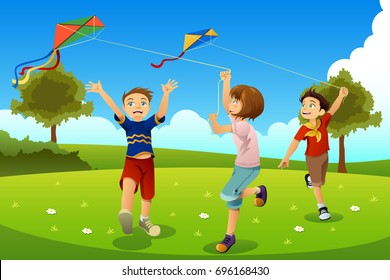 A Vector Illustration Of Kids Flying Kites In A Park