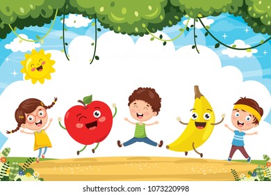 Vector Illustration of Kids and Fruit Characters