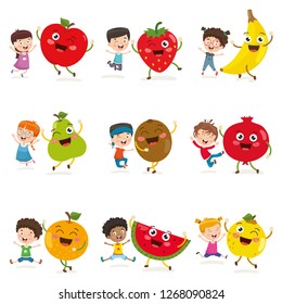 Vector Illustration Of Kids And Fruit Characters