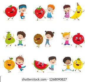 Vector Illustration Of Kids And Fruit Characters