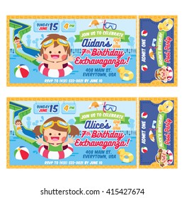 A Vector Illustration Kids Fun In Pool. Ticket Invitation Birthday. Water Party.