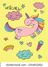 Vector illustration for kids. Funny cute animal unicorn, ice cream, clouds and hearts. Children print. Pastel Colors