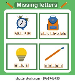 vector illustration for kids with the game missing letters. Educational page for children, classes on dyslexia. Find the missing letters and write them in the appropriate places. Worksheet 