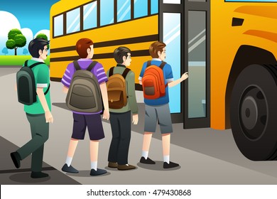 A vector illustration of kids getting on the school bus