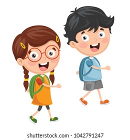 Vector Illustration Of Kids Going To School