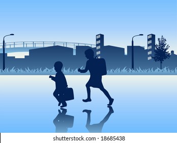 Vector illustration. Kids going to the school