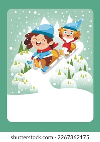 Vector illustration kids have fun sledding in winter. It can be used as a playing card, for children's development and learning.