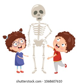 Vector Illustration Of Kids Having Biology Lesson With Human Skeleton Model