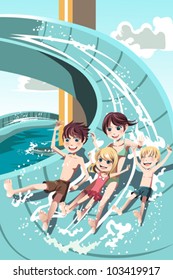 A Vector Illustration Of Kids Having Fun Playing Water Slides In A Water Park