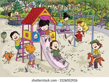 Ilustración vectorial, niños divirtiéndose en el patio de juegos, concepto de caricatura.