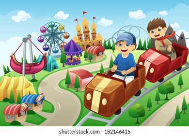 A Vector Illustration Of Kids Having Fun In An Amusement Park