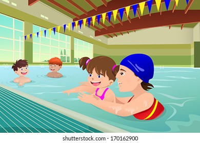 A Vector Illustration Of Kids Having A Swimming Lesson In Indoor Pool