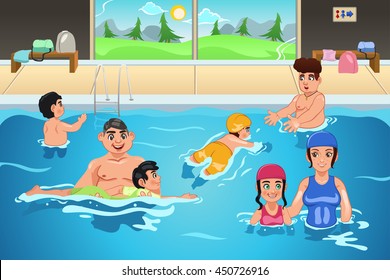 A Vector Illustration Of Kids Having A Swimming Lesson In Indoor Pool