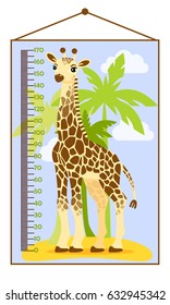 Vector illustration of kids height chart with cartoon giraffe. Meter wall or baby scale of growth in flat style