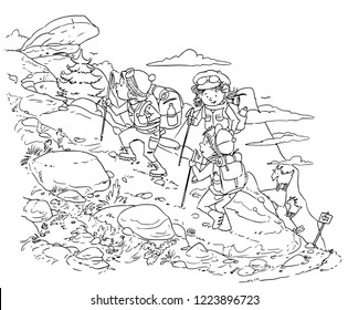 Vector illustration, kids hiking, coloring drawing, cartoon concept.