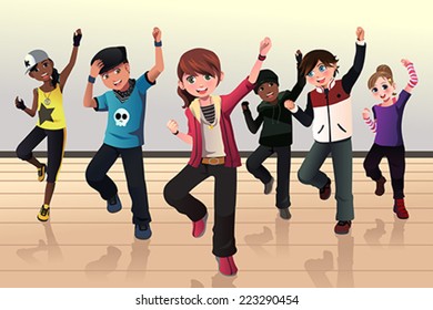 A Vector Illustration Of Kids In Hip Hop Dance Class