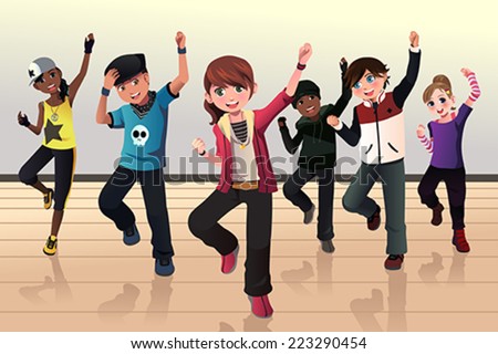 A vector illustration of kids in hip hop dance class