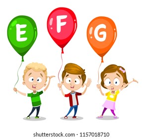 Vector illustration of kids holding balloons with letters "h,i,j,k" on them. Happy children on white background. Compose your text from letters and numbers. Children alphabet font
