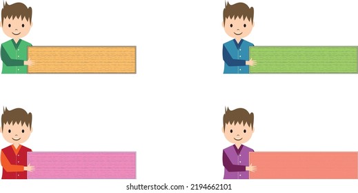 Vector illustration of kids holding clipboard. Horizontal background. Question options. Children are holding banners. Vector boy, blank banner, illustration, school boy and blackboard for text