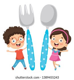 Vector Illustration of Kids Holding Fork And Spoon