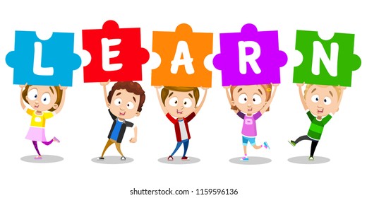 Vector illustration of kids holding puzzle letters of word "learn". Happy children on white background composing text from letters.