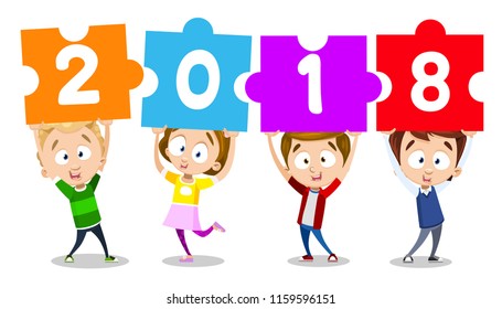 Vector illustration of kids holding puzzle numbers of "2018". Happy children on white background composing text from letters.