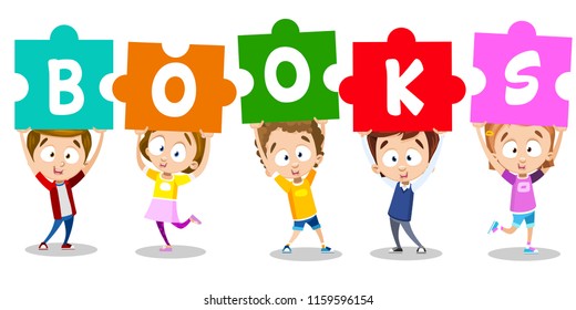 Vector illustration of kids holding puzzle letters of word "books". Happy children on white background composing text from letters.