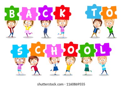 Vector illustration of kids holding puzzle letters of words "back to school". Happy children on white background composing text from letters.