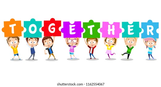 Vector illustration of kids holding puzzle letters of word "together". Happy children on white background composing text from letters.