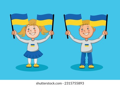 vector illustration of kids holding ukrainian flag