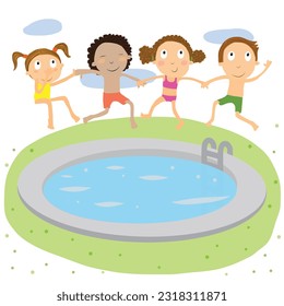 Vector illustration of kids jumping into pool