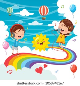 Vector Illustration Of Kids Jumping On Rainbow