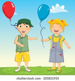 Vector Illustration Of Kids Keeping Balloons