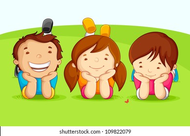 vector illustration of kids laying on field