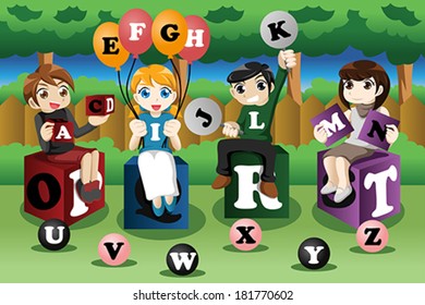 A vector illustration of kids learning alphabets