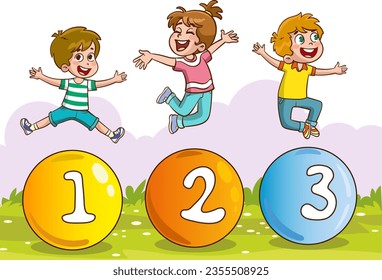 vector illustration of kids learning math with colorful numbers.Concept Of Multi Colored Numbers.