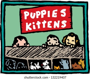 Vector illustration of kids looking through pet store window