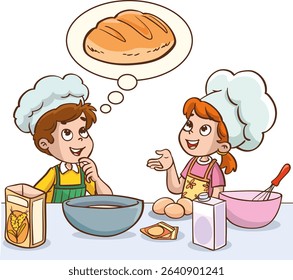 Vector illustration of kids making cake or bread in the kitchen