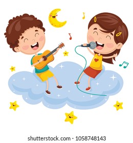 Vector Illustration Of Kids Making Music On Cloud