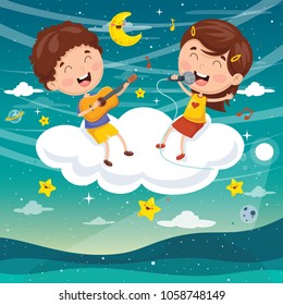 Vector Illustration Of Kids Making Music On Cloud