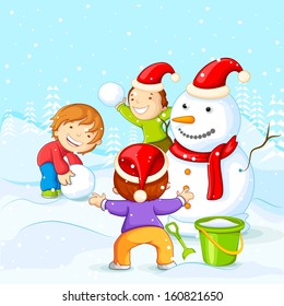 vector illustration of kids making Snowman for Christmas