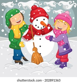 Vector Illustration Of Kids Making Snowman 