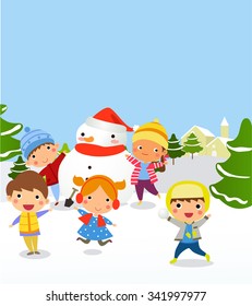Vektorgrafik von Kindern, die Schneemann zu Weihnachten machen