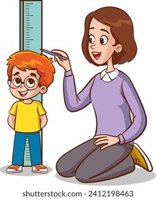 vector illustration of kids measuring height with mom