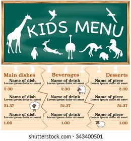 Vector illustration of the kids menu with a blackboard, silhouettes of the animals and other school's elements.